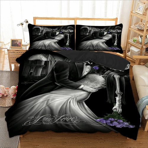 Romantic Skull Bedding Set, Duvet Cover Quilt Cover Pillow Cases Cool Bed Lines 3pcs