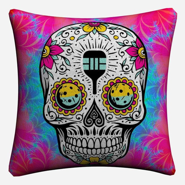 Sugar Skull Psychedelic Mandala Art Decorative Cotton Linen Cushion Cover