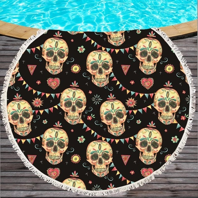 10 colors Black Grey red Sugar Skull Summer Round Beach Towel Microfiber Bath Towel Large
