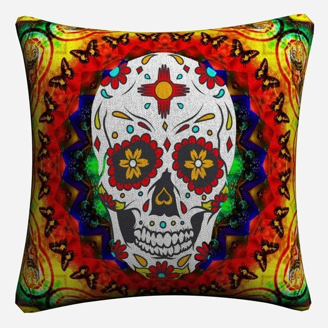 Sugar Skull Psychedelic Mandala Art Decorative Cotton Linen Cushion Cover