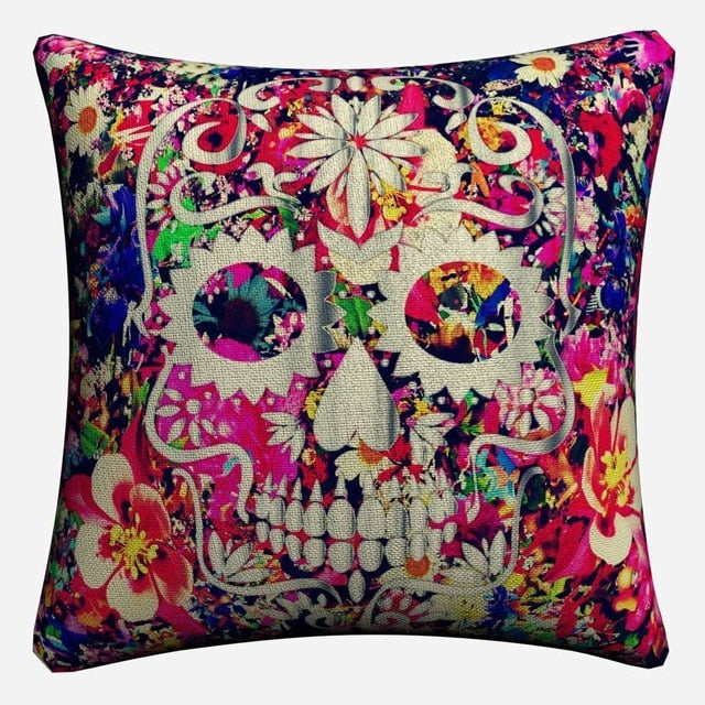 Sugar Skull Psychedelic Mandala Art Decorative Cotton Linen Cushion Cover