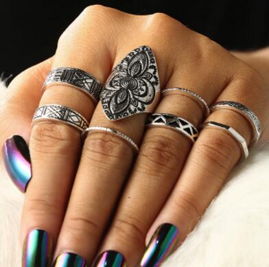 New Hot Bohemian Elephants Ring 10pcs Stone Retro Boho Rings Leaf Eyes same kinds Statement Rings Sets for Women