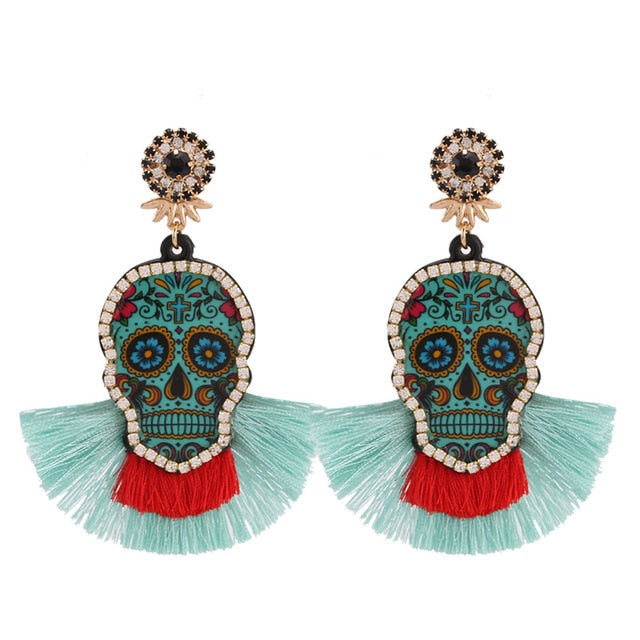 Fashion Women Multicolored Skull Pendant Fringed Earrings