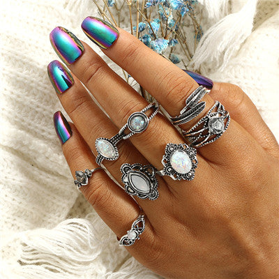 Antique Silver Carved Geometric Rings Set for Women Letter Hand Flower Knuckle Midi Rings Set Bohemian Jewelry