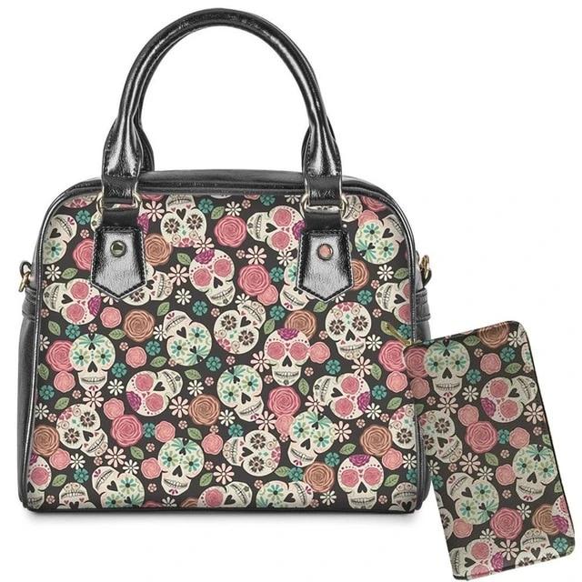 2Pcs/set Sugar Skull Print Shoulder Messenger Cross-body Bag and Wallet