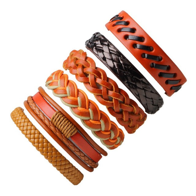 1Set/5-6PCs Punk Rock Skull Star Multi Charm Bracelet For Women Men Gothic Jewelry Braided Rope Leather Bracelet Men