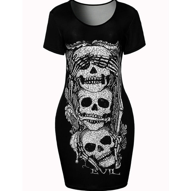 New Fashion Summer Plus Size T Shirt Dress Women Bodycon Slim Casual Skull Printed Tshirt Mini Dresses Vestidos Mujer
