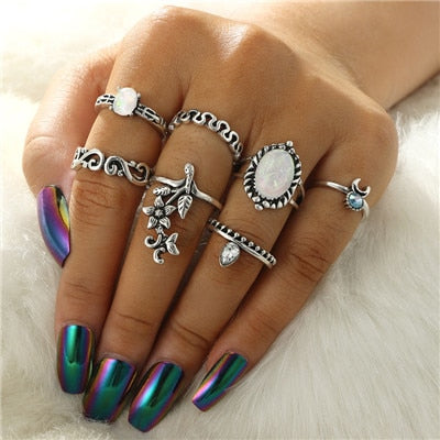 Antique Silver Carved Geometric Rings Set for Women Letter Hand Flower Knuckle Midi Rings Set Bohemian Jewelry