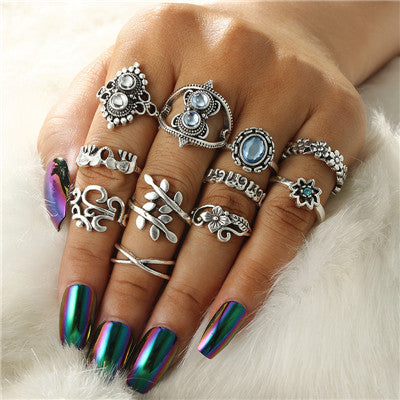Antique Silver Carved Geometric Rings Set for Women Letter Hand Flower Knuckle Midi Rings Set Bohemian Jewelry
