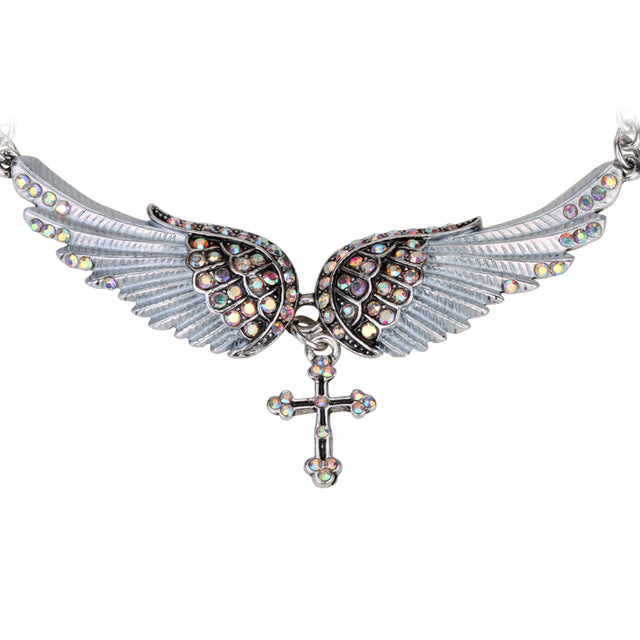 Angel Wing Cross Choker Necklace Guardian Women Biker Crystal Jewelry Gifts
