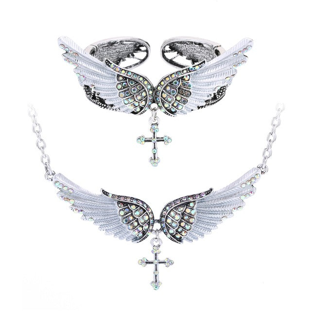Angel wing cross necklace bracelet sets women biker jewelry birthday gifts women her girlfriend wife mom