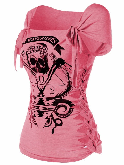 Skull Print Braided Shredding T-Shirt Women Summer Casual Square Neck