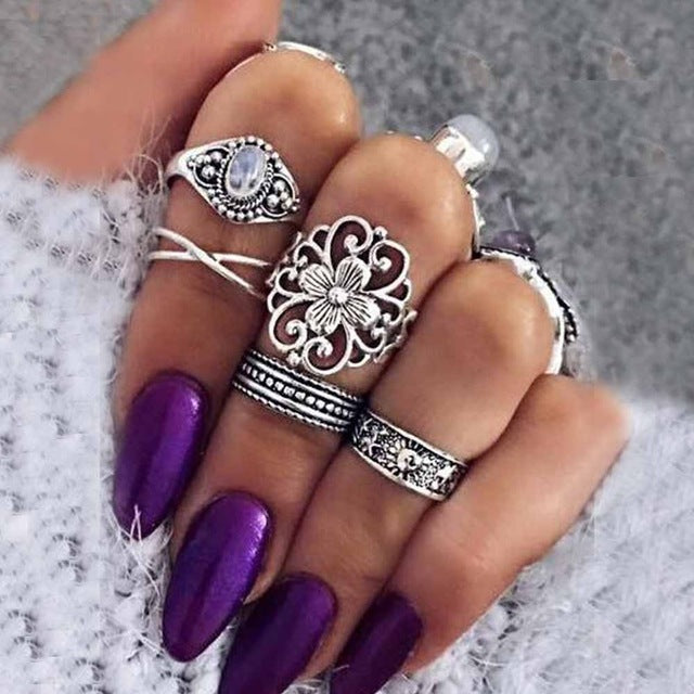 7 Style Vintage Knuckle Rings for Women Boho Geometric Flower Crystal Ring Set Bohemian Midi Finger Jewelry Bague Femme