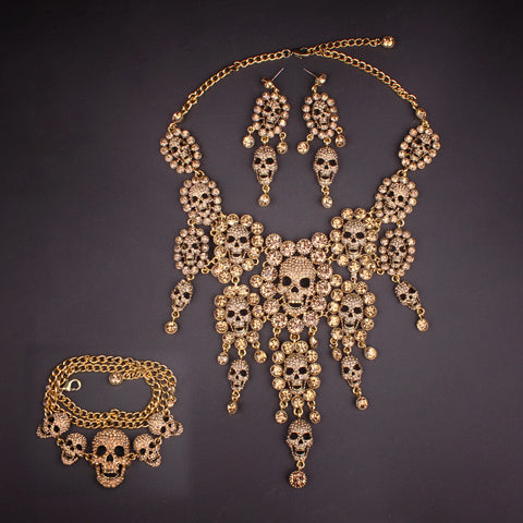 Individuality Rhinestones Skeleton Necklace Earrings Sets Vintage Skull Jewelry Sets Retro crystal Jewellery Set Gift for Women