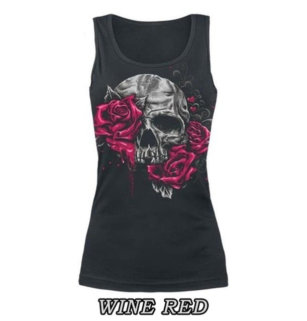 Summer Fashion Women T-Shirt Skull Print Hollow Out T-Shirt O-Neck Sleeveless Sexy Tee Top Plus