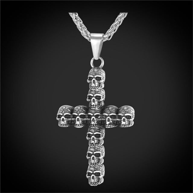 punk skull skeleton cross necklace for men retro design Biker jewelry with chain