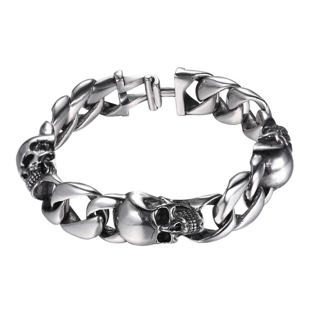 Skull Bracelet Men Stainless Steel Halloween Jewelry Punk Skeleton Link Hand Chain Gold/Black Color Gothic Bracelet