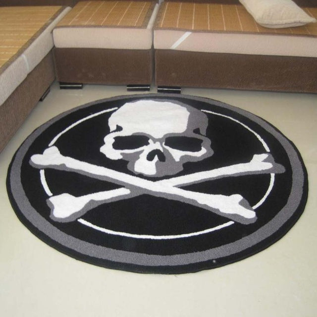 Black White Skull Pattern Round Rug Hand Knit Non-Slip Living Room Sofa Bedroom