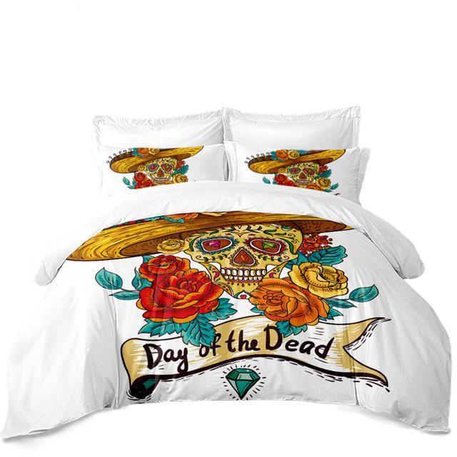 Sugar Skull Bedding Set Flowers Straw Hat Duvet Cover King Queen Bed Sheet Pillow Case Day of the Dead Bedclothes D45