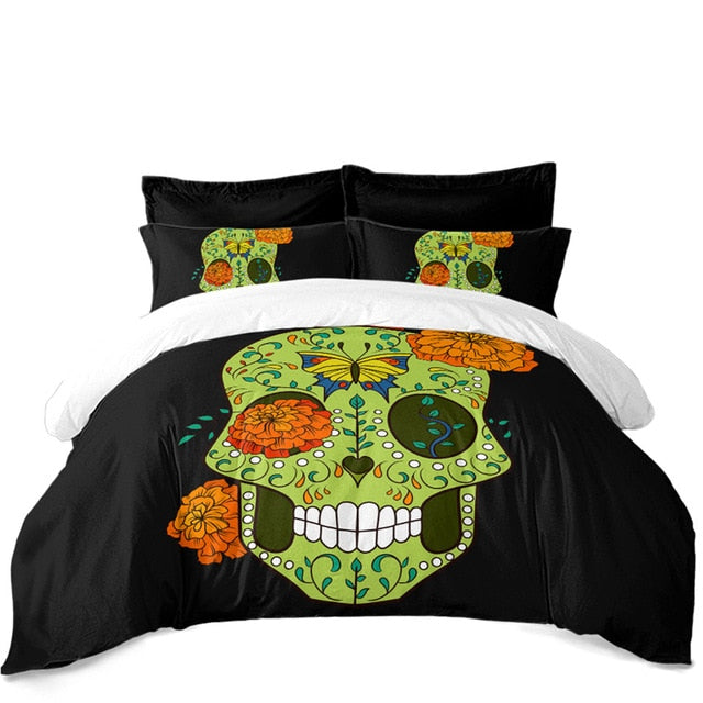 Sugar Skull Bedding Set Green Flowers Print Duvet Cover Set Pillowcase