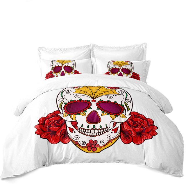 Ladies Sugar Skull Bedding Set Red Flowers Print Duvet Cover Bed Linens Sheet Cover Pillowcase Home Decor Quilt Cover D45