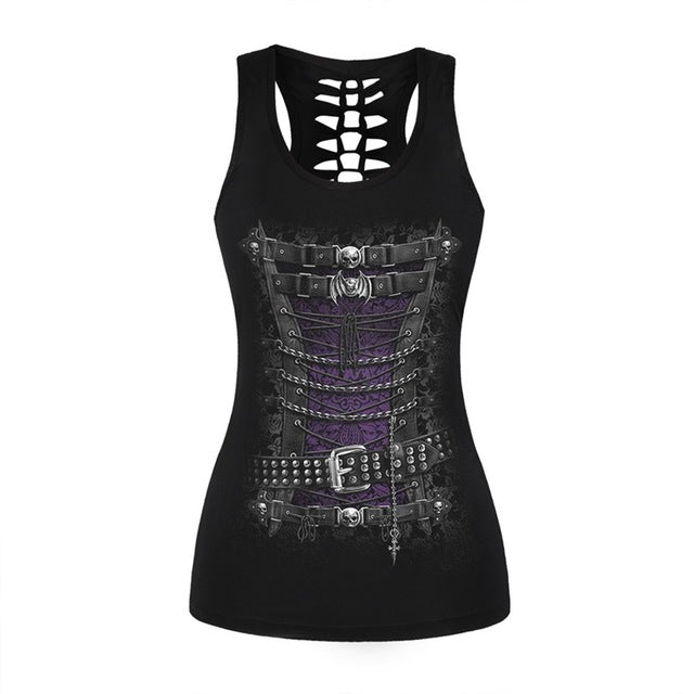 New Arrived Women Vest Tops 3D Printing Skull Belt Chains