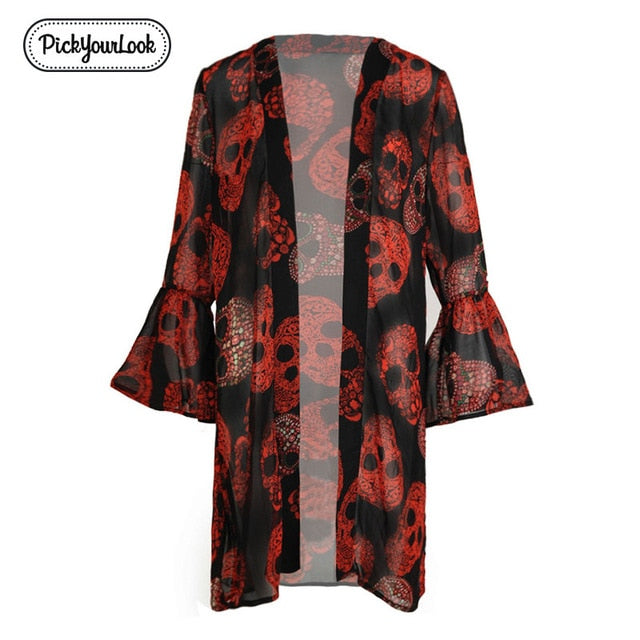 Women Cardigan Long Sleeve Red Skull