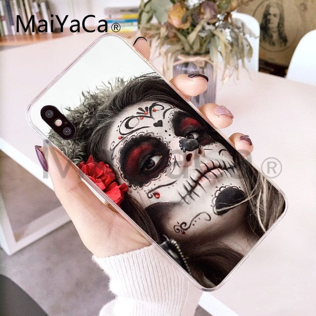 Funny Sugar Skull Girl Tattoo Transparent Shell Phone Case For iphone