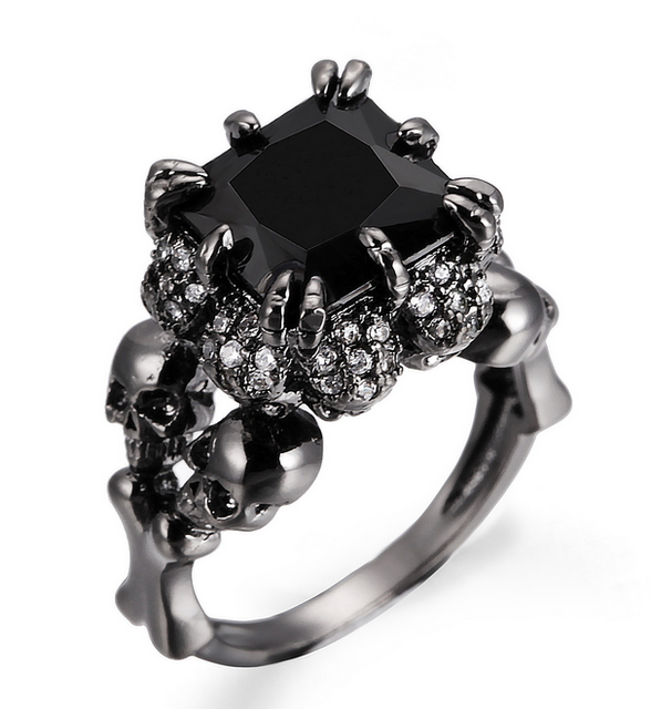 Skull Ring Black Zircon Women's Wedding Ring Punk Jewelry