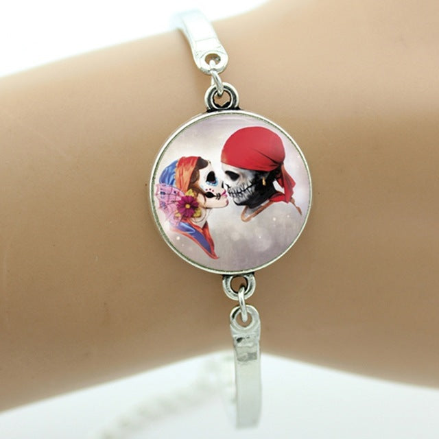 Colorful sugar skull bracelet hipster red floral roses charm skeleton jewelry Day of the Dead Halloween jewellery