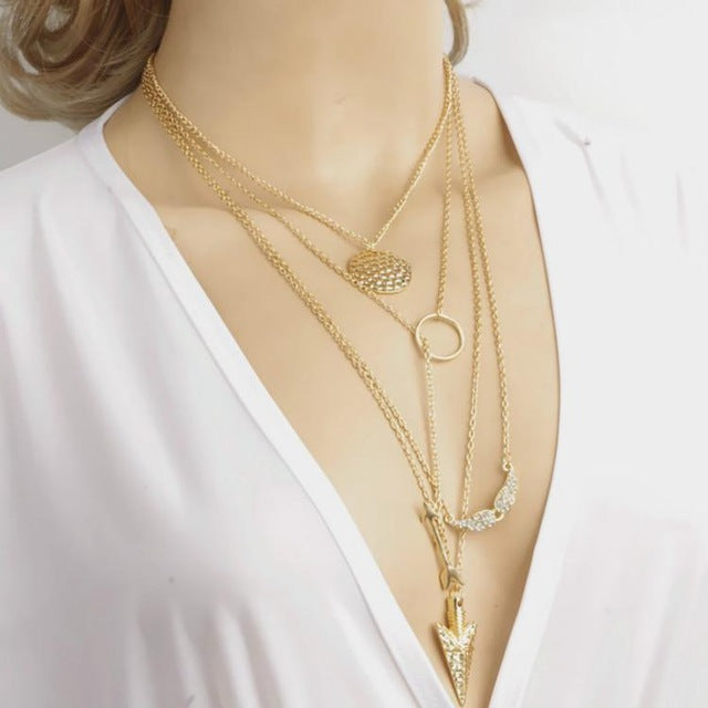 New Gold Fatima Hand Multilayer Hammer Chain Lariat Bar Necklace Long Strip Pendant Necklace Collar joyeria collier Women