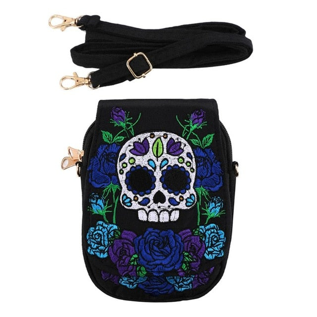 Women Skull Rose Handbag Canvas Embroidery Ethnic Shoulder Bag