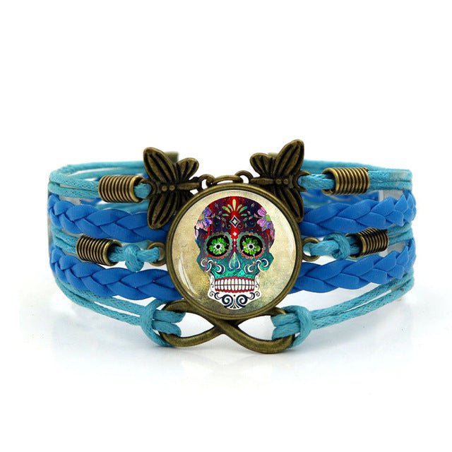 Multilayer Glass Cabochon Bracelet Steampunk Sugar Skull Vintage Butterfly