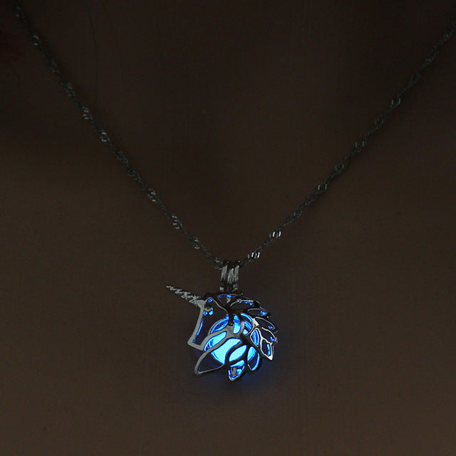 Glow in The Dark Hollow Animal Unicorn Necklace Women Jewelry Luminous Silver Pendant Chain Choker Necklaces