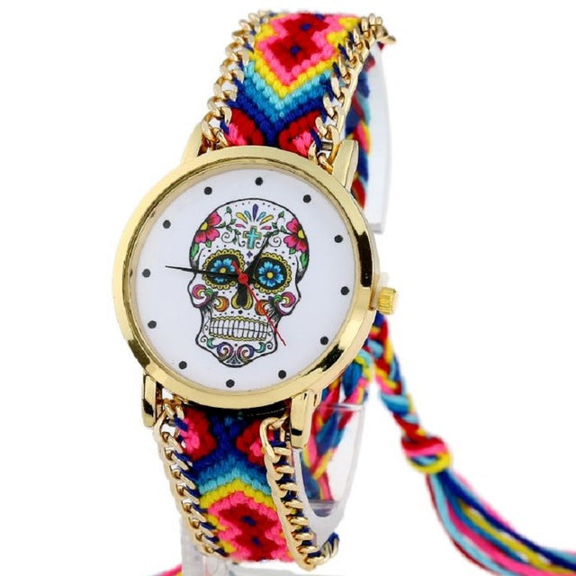 Women vintage Mexican Catrina Style Skull Fashion wristwatch Lace Golden Braided