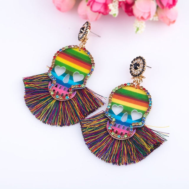 Fashion Women Multicolored Skull Pendant Fringed Earrings