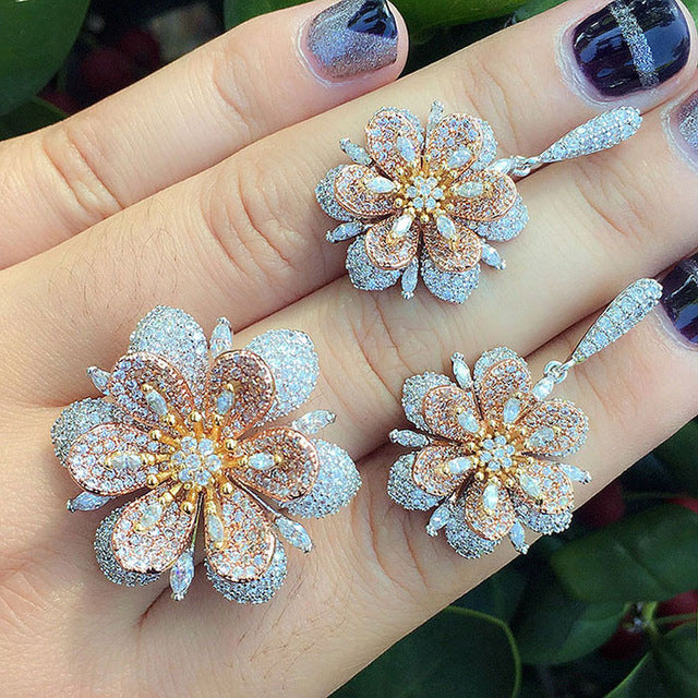 Fashion Luxury Super Shiny Gold Color AAA Cubic Zirconia Women Width Baguette Earring Ring Set