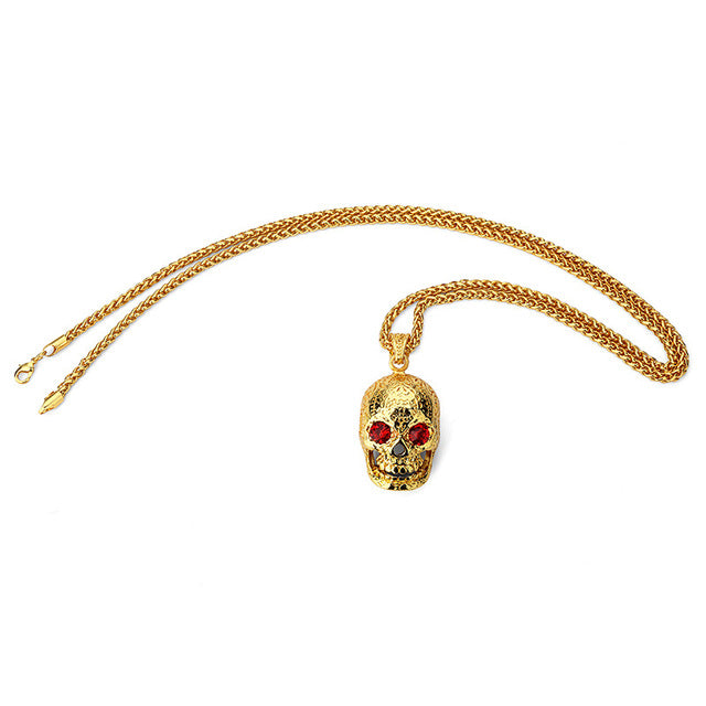 Bling Gold Red Stone Eyes Ghost Rhinestone Pendants Necklaces Men Women Hip Hop Crystal Skull Head Jewelry Gifts Chains