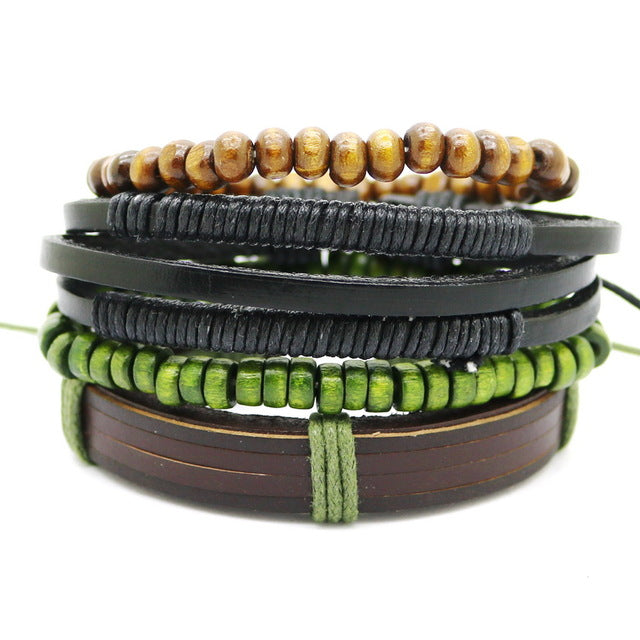 1 Set 4PCS leather bracelet Men's multi-layer bead bracelet women's retro punk casual men's jewelry bracelet jewelry accessories