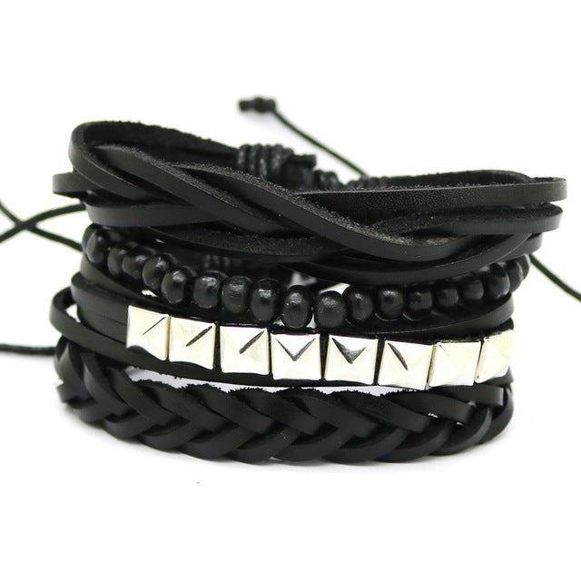 1 Set 4PCS leather bracelet Men's multi-layer bead bracelet women's retro punk casual men's jewelry bracelet jewelry accessories