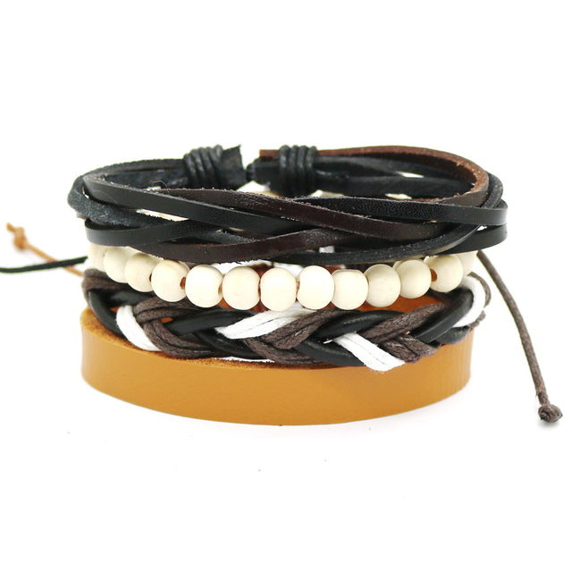 1 Set 4PCS leather bracelet Men's multi-layer bead bracelet women's retro punk casual men's jewelry bracelet jewelry accessories