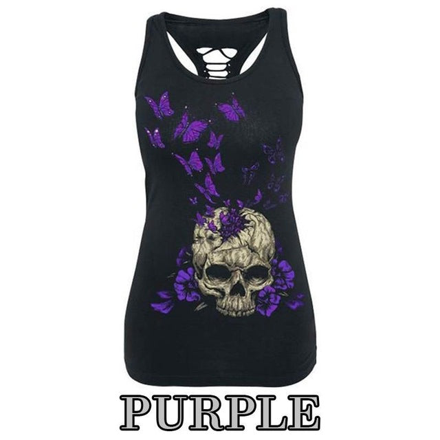 Summer Fashion Women T-Shirt Skull Print Hollow Out T-Shirt O-Neck Sleeveless Sexy Tee Top Plus
