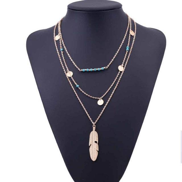 KISS WIFE 2017 New Fashion Feather Necklace Leaf Layer 3 Necklace Multilayer Necklace Women