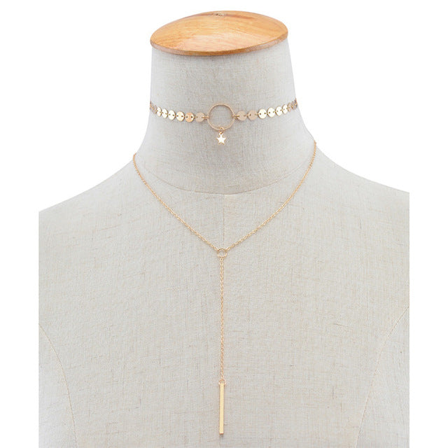 Hot Sale Gold Silver Sequins Long Tassel Star Choker Necklace Accessories For Women Jewelry Double Layer Chokers