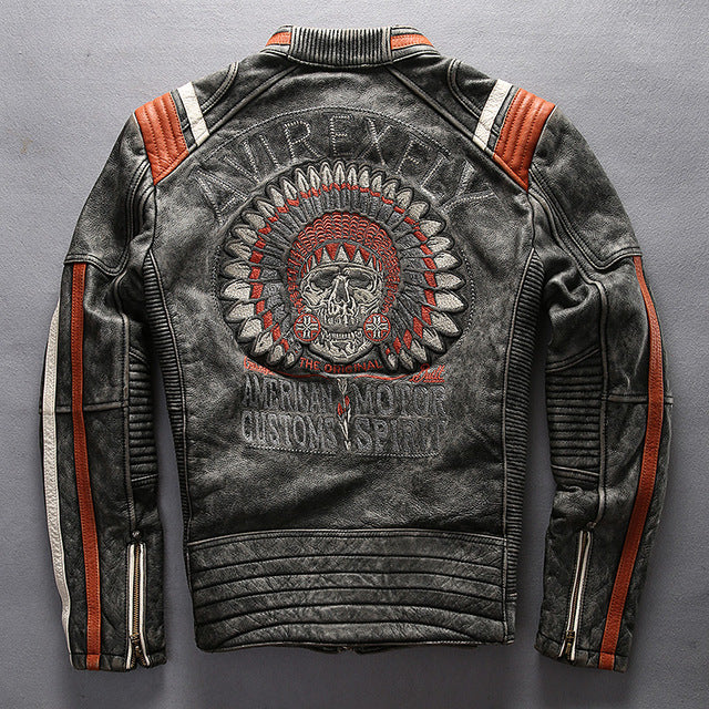 Men's Punk style Embroidery skulls leather motorcycle jacket Vintage black