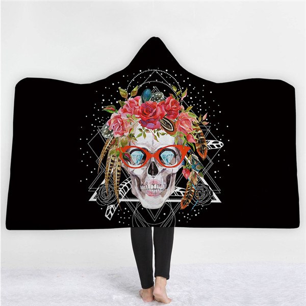 Halloween Skull Hooded Blanket Winter Warm Coral Fleece Printed Portable Anti-Pilling Soft Fluffy Blanket Thick Luxury Family