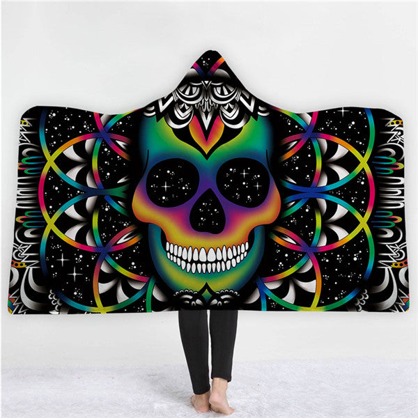 Halloween Skull Hooded Blanket Winter Warm Coral Fleece Printed Portable Anti-Pilling Soft Fluffy Blanket Thick Luxury Family