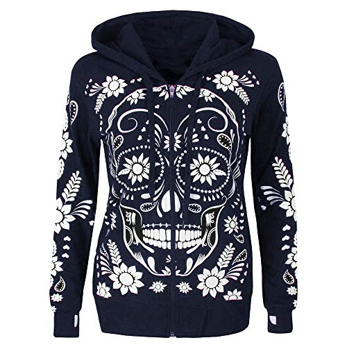 Women Hoodies Zip Up Tops Fashion Skull Flowers