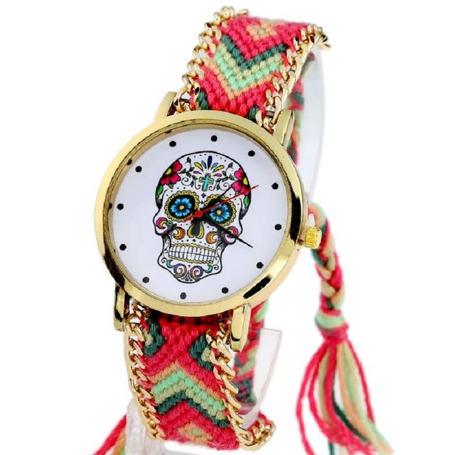 Women vintage Mexican Catrina Style Skull Fashion wristwatch Lace Golden Braided