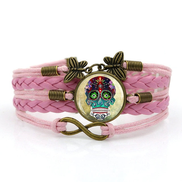 Multilayer Glass Cabochon Bracelet Steampunk Sugar Skull Vintage Butterfly